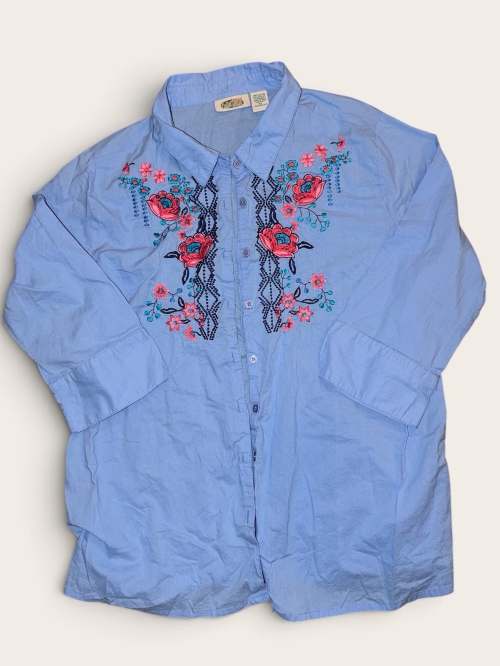 Collections India Women’s XL Blue Cotton Button Up Shirt Floral Embroidered Boho
